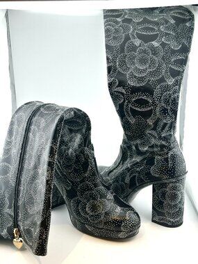 BRAND NEW CHANEL CALFSKIN CAMELIA PRINTED KNEE HIGH BOOTS, SIZE 40